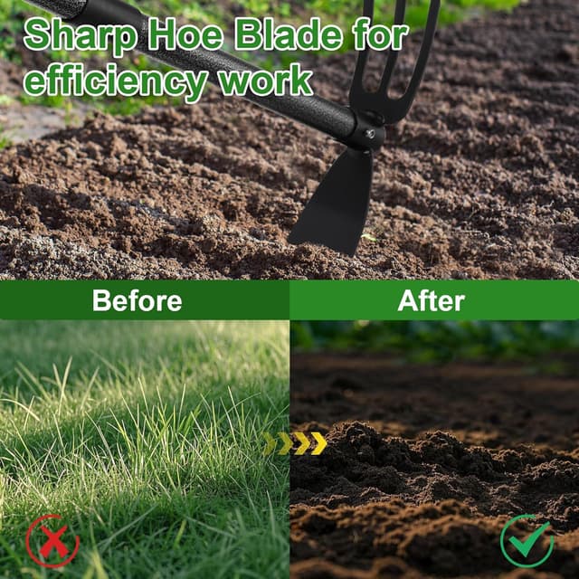 Detalle de Harrms Gartenhacke mit Stiel (116 cm) – Multifunktionale Doppelhacke mit 3 Zinken aus Metall