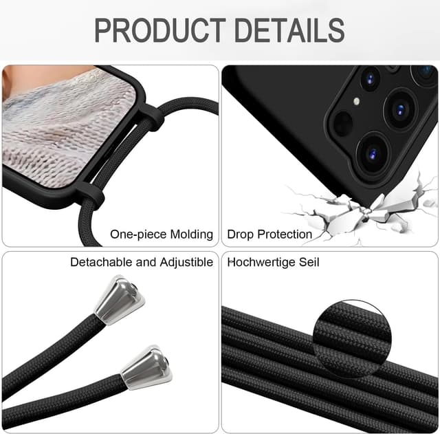 Detalle de Eherui Handyband-Hülle für Samsung Galaxy S25 Ultra mit abnehmbarer Kordel – Goldherz-Design (Liquid Silikon Case), schwarz