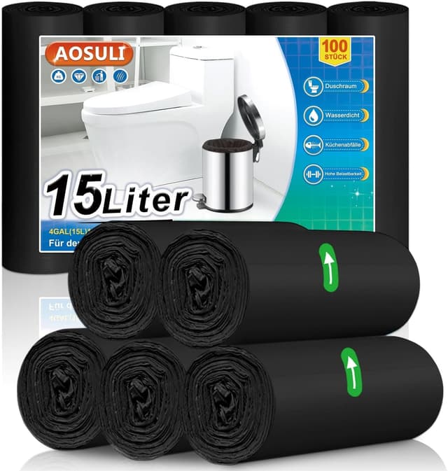 Detalle de AOSULI Schwarz Müllbeutel 15 l – 100 kleine Müllsäcke mit reißfestem, durchstoßsicherem Design