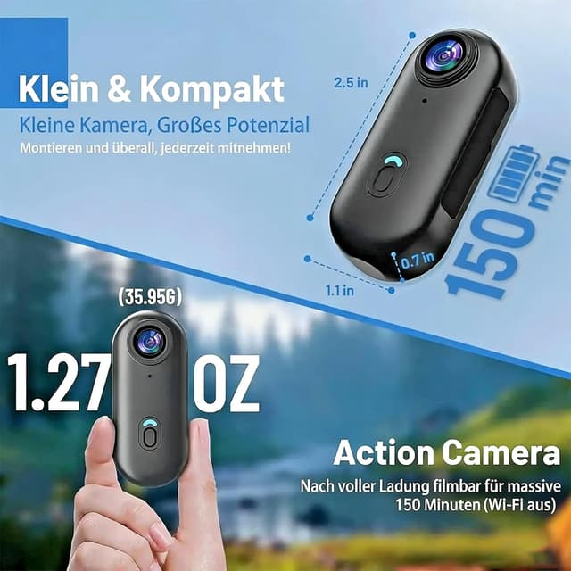 Detalle de Mini Action Kamera 1080P Körperkamera wasserdicht mit WLAN-App, Magnet- und 360°-Clip
