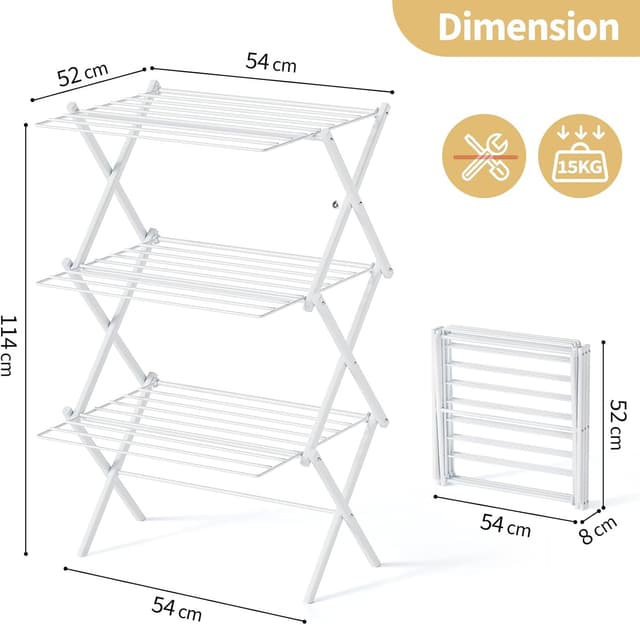 Detalle de SYKIARIOL 3-Level Foldable Clothes Airer (52 x 54 x 114cm) – Space-saving indoor drying rack