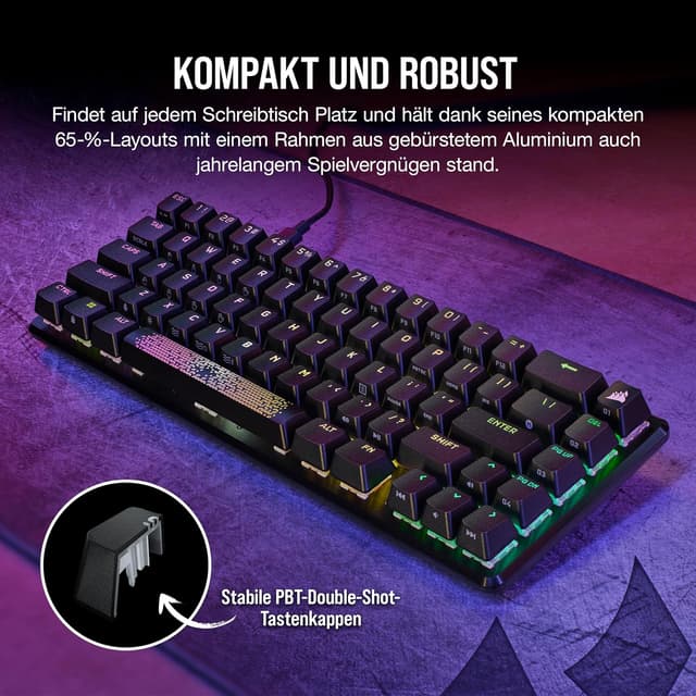 Detalle de Corsair K65 PRO Mini RGB (65%) mit optisch-mechanischen OPX-Schaltern – iCUE, PBT Double-Shot, QWERTZ