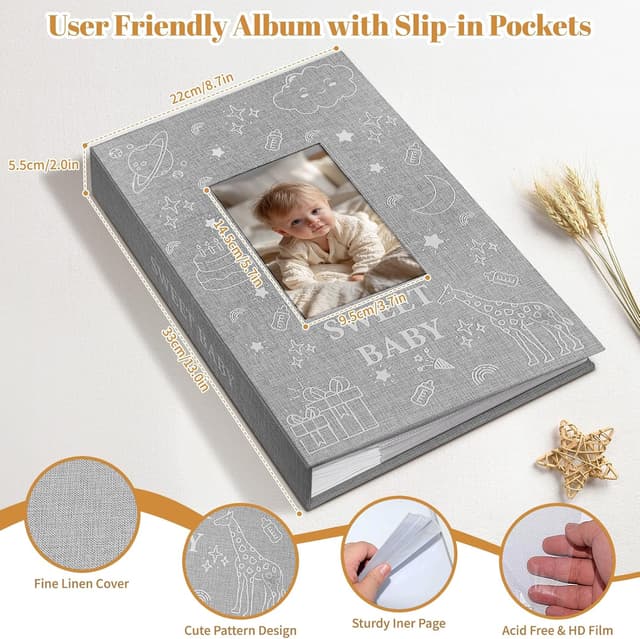 Detalle de EARLY MINDS Baby-Fotoalbum 10x15 mit 300 Taschen, Memo-Bereich & Hand- und Fußabdruck-Kit (Leinenabdeckung, Frontfenster, grau)