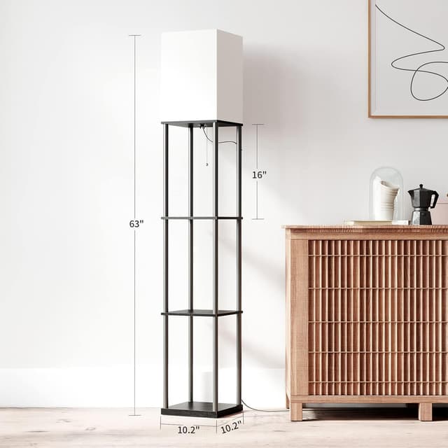 Detalle 2 de Stehlampe mit Regal und 3 Farbtemperaturen (3000K/4500K/6000K) für Wohnzimmer, Schlafzimmer & Büro in Schwarz