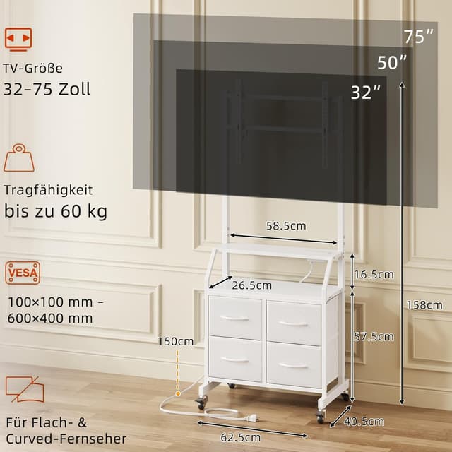 Detalle 2 de OYRREU TV-Ständer mit LED, Rollen, integrierten Steckdosen & höhenverstellbarer Halterung (4 Schubladen, weiß)