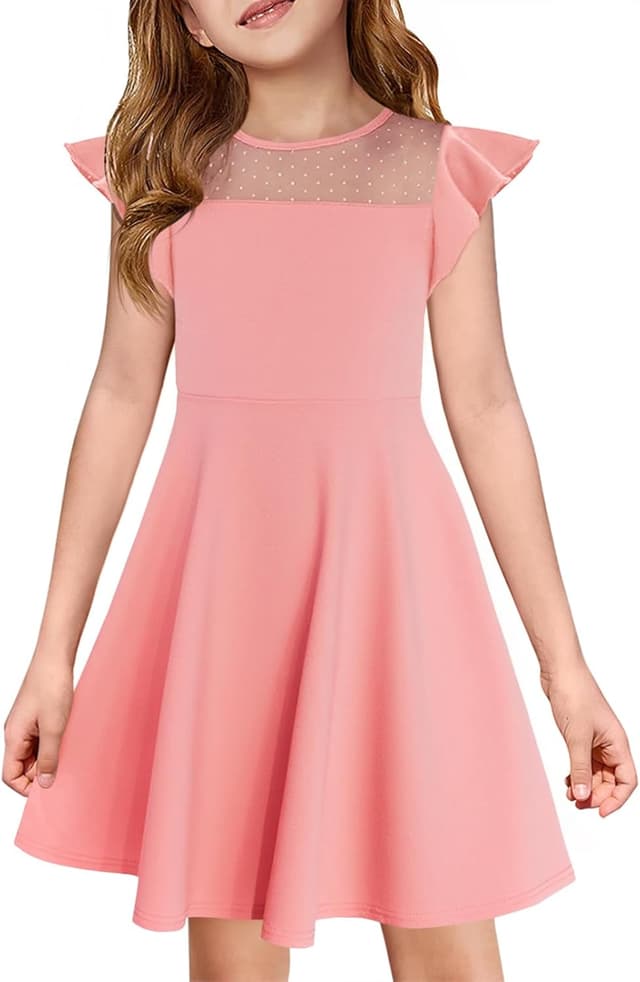 Detalle de Haloumoning Girls Summer Dress with Ruffle Sleeves, Mesh Detail, and Pockets (A-Line, Ages 4–14)