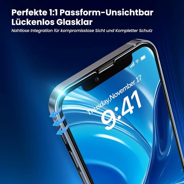 Detalle de DEINODON Panzerglas für iPhone 13 Pro/13/14/16e/17e (Auto-Montage, 9H+ Full Screen) – 2 Stück, blasenfrei
