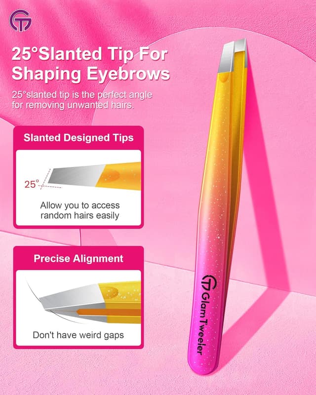 Detalle de GlamTweeler Expert Eyebrow Hair Removal Tweezer with Leather Case (Sparkle Fuchsia & Yellow) – Slant Tip Stainless Steel