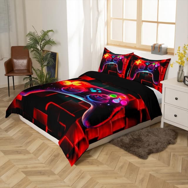 Detalle 2 de Homewish boys gaming bedding double bed set with galaxy gamepad duvet cover and 2 pillowcases (red neon geometric)
