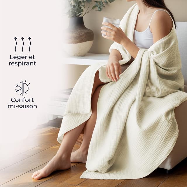 Detalle de Dreamzie Couverture en mousseline 220x240 cm en coton 4 couches Oeko-Tex ivoire