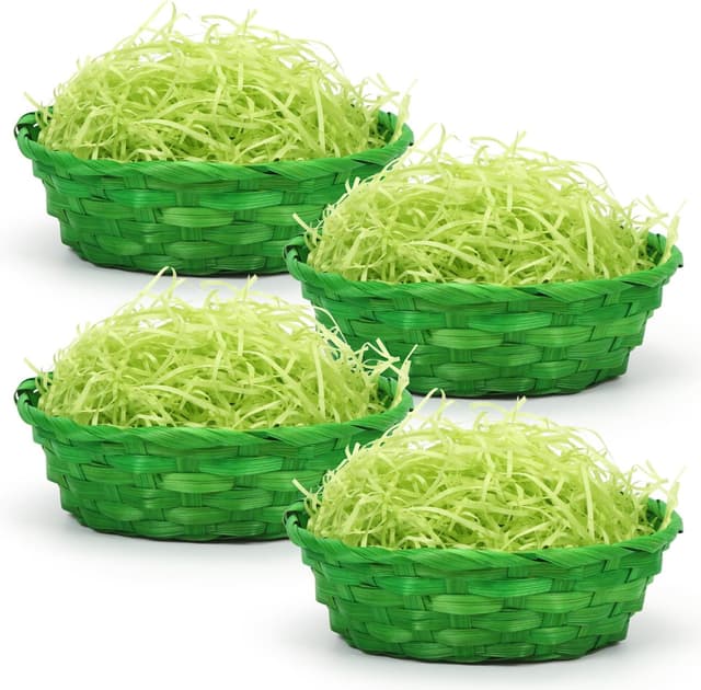 Detalle de Osterkörbchen-Set mit Deko Gras (4 Stück) – grüne Weidenkörbchen zum Befüllen, 22,5 × 7,5 cm