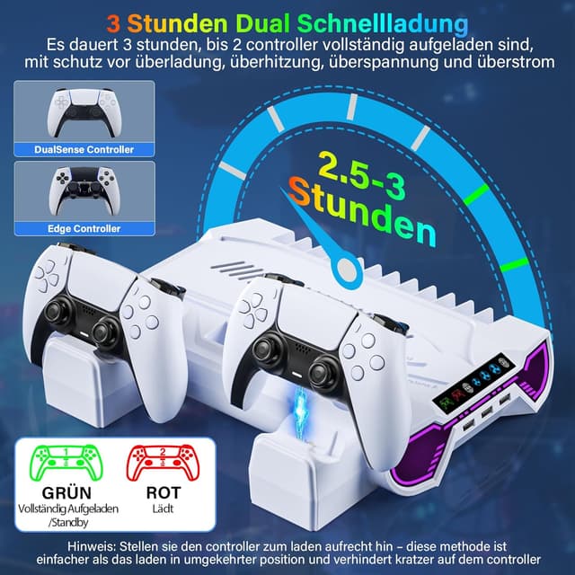 Detalle 2 de ZRZLMVP PS5 Standfuß mit Controller-Ladestation, Lüfter & 3-fach USB-Hub (RGB) für PS5 / PS5 Slim / PS5 Pro – Weiß