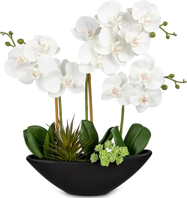 Detalle de Oairse 18" white artificial orchid arrangement in black ceramic pot