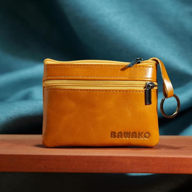 Detalle de BAWAKO Portamonete in vera pelle con 3 scomparti e mini portafoglio portachiavi (arancione)