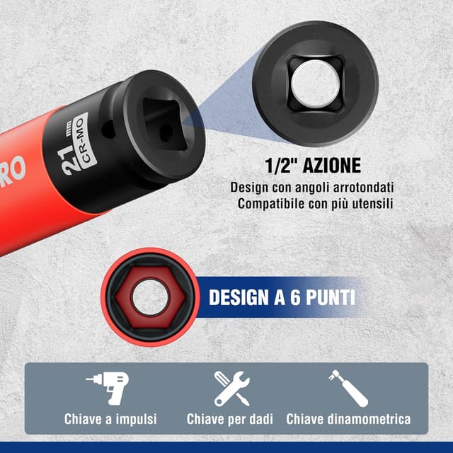 Detalle de WORKPRO Set bussole bulloni ruota 1/2" (17/19/21 mm) con protezione, 3 pezzi, parete sottile Cr-Mo