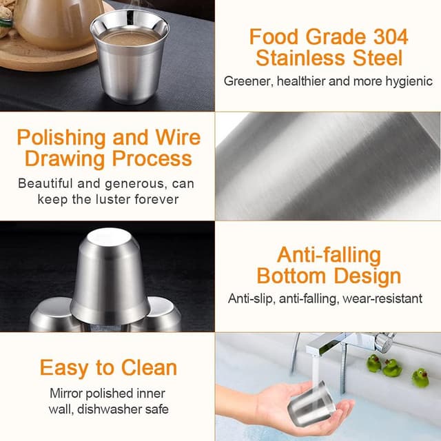 Detalle de WANTOUTH 2 Pack Stainless Steel Double-Wall Espresso Cups (80ml) – insulated demitasse mugs