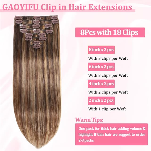 Detalle de Clip-in Hair Extensions with Remy Human Hair (Seamless Balayage) – Chocolate Brown with Honey Blonde Highlights, 8 pcs, 24 inch, 120g