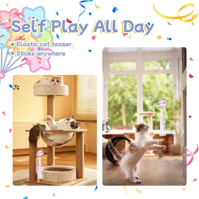 Detalle 2 de La Desire Katzen Geburtstag Outfit Set (Bandana & Hut, 0–9 Zahlen) inkl. Plüsch-Torte und hängendem Katzenspielzeug mit Katzenminze – Rosa