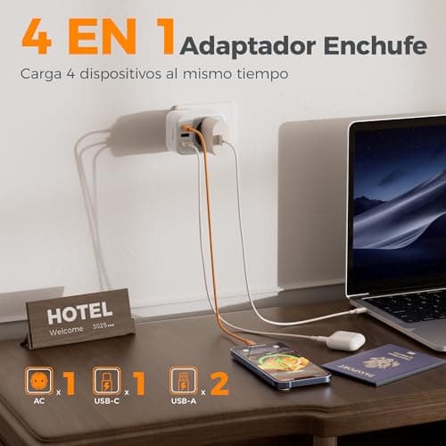 Detalle de TESSAN adaptador enchufe italiano a España con 3 USB tipo L (2500 W) en blanco