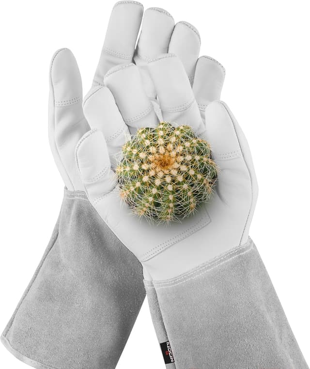 Detalle de NoCry Leder-Gartenhandschuhe mit Dornenschutz, lange Stulpe und verstärkten Fingerspitzen – Grau, Größe XL