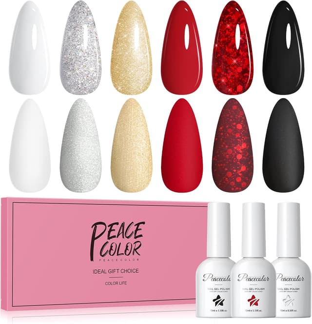 Detalle de PEACECOLOR set de vernis semi-permanent UV 6 couleurs : blanc, rouge, noir, argent et doré (10 ml)