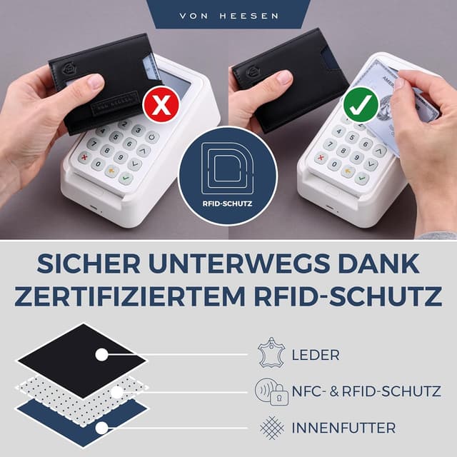 Detalle de VON HEESEN Slim Wallet mit XL Münzfach & RFID-Schutz – Nappa-Leder Kartenetui klein (schwarz, glatt)