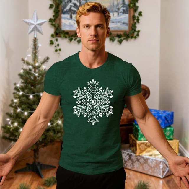 Detalle de Qskall Christmas T Shirts for Men – Snowflake holiday tee with relaxed fit