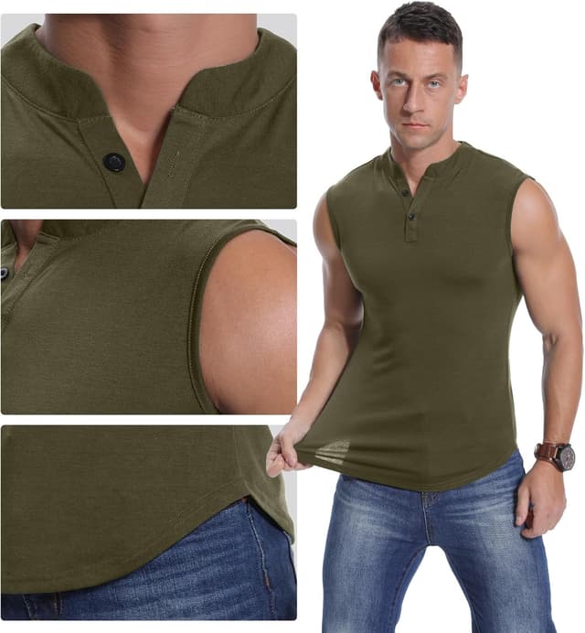 Detalle de PCEAIIH Men’s Sleeveless Henley Vest Sports Tank (65% rayon / 35% polyester) – slim fit running & gym top