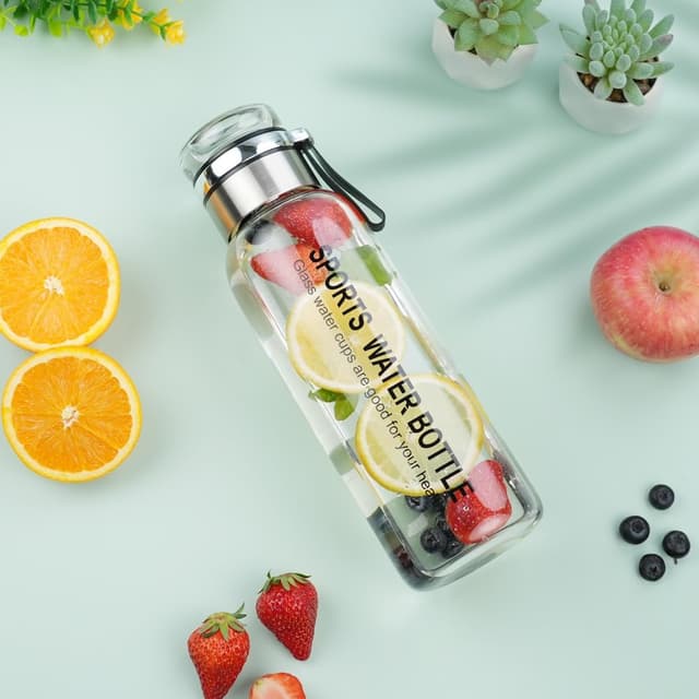 Detalle de flintronic 1L borosilicate glass water bottle with stainless steel infuser and leak-proof lid