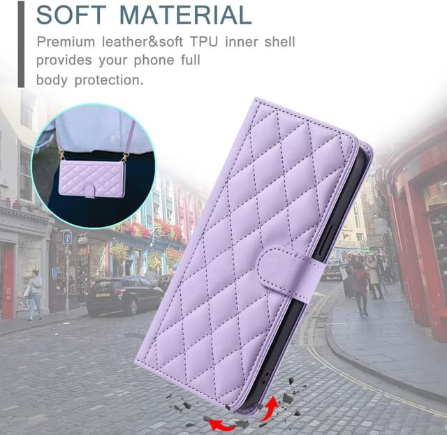 Detalle de ESONG Handykette Schutzhülle für Samsung Galaxy S24 FE – Leder-Brieftasche mit Kartenfach, Ständer und Magnetverschluss (lila)