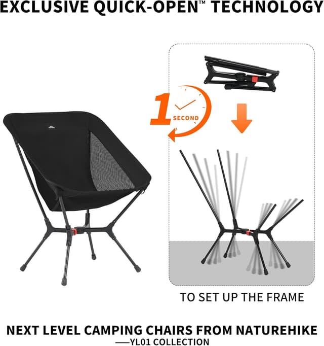 Detalle de Naturehike YL01 Snap Camping Folding Chair (Black) — 1-second setup lightweight portable camping chair