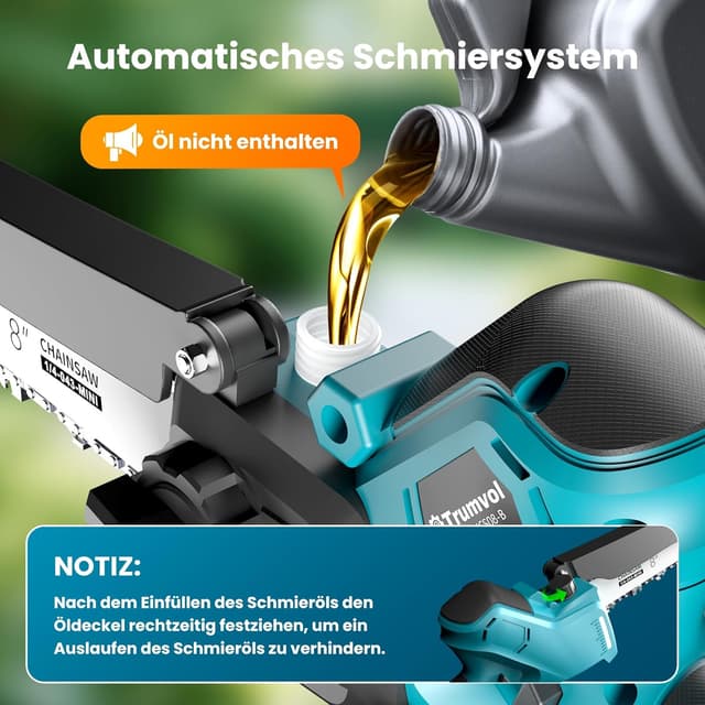 Detalle de Mini motosega Trumvol da 8 pollici con motore brushless e batteria 21 V 8000 mAh, a una mano