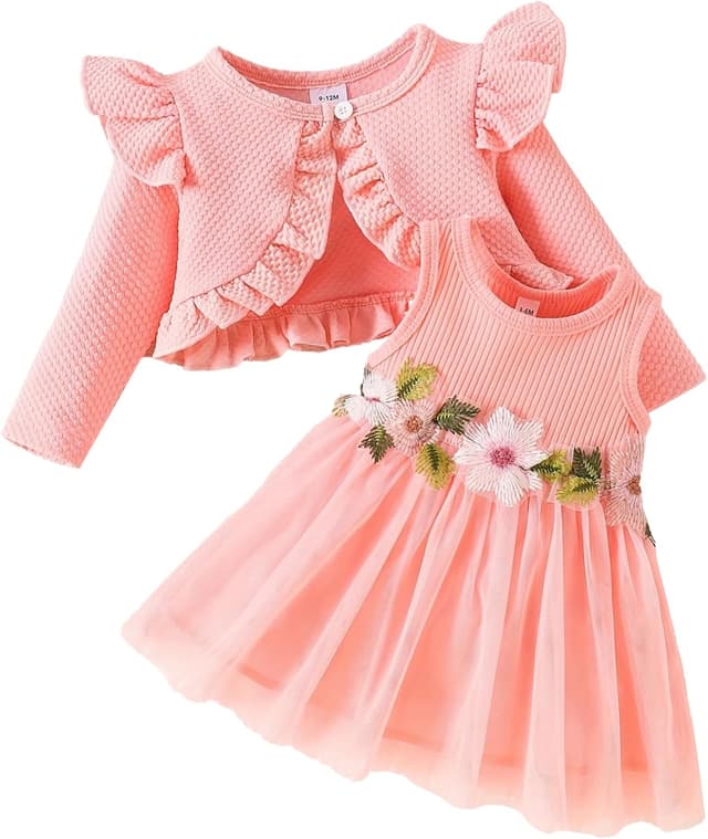 Detalle de JiAmy 2-Piece Baby Girls Dress and Cardigan Set (Sleeveless Floral Dress + Ruffle Cardigan) for 3 Months–3 Years