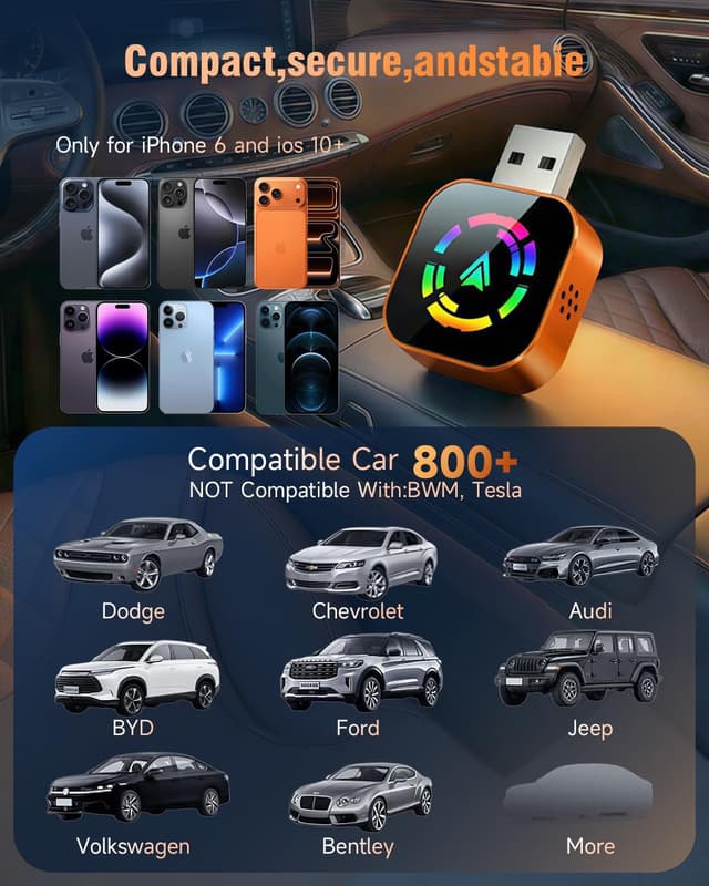 Detalle de Jumpeak 2026 Upgraded Wireless CarPlay Adapter (mini USB, 5.8GHz Wi‑Fi, Bluetooth 5.3)