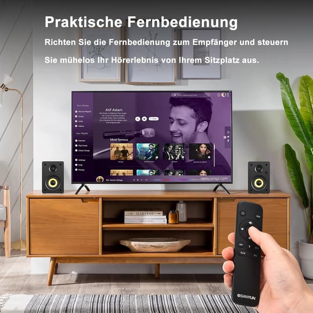 Detalle 2 de Sanyun SW206 4” HiFi-Regal-Lautsprecher mit Studio-Modus (80W aktiv) – Bluetooth 5.4, optisch, koaxial, TRS, AUX, USB-DAC