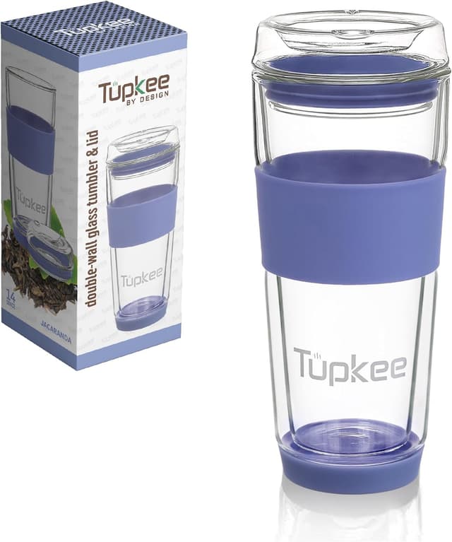 Detalle de Tupkee 14 oz Double-Wall Glass Travel Cup with Hand-Blown Borosilicate, Lid & Silicone Sleeve (Jacaranda)