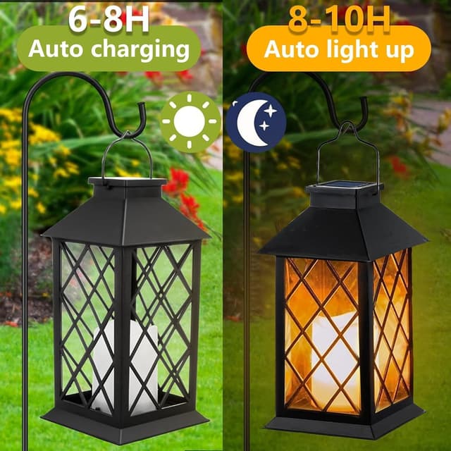 Detalle de Joycome Outdoor Lanterns Solar Garden Lanterns (2 Pack) in Black with Flickering LED Candles