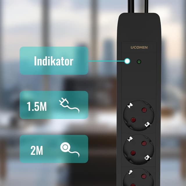 Detalle de UCOMEN Steckdosenleiste mit Fußschalter – 4-fach + USB A/C (20 W), 1,5-m-Kabel, 16A/3680 W