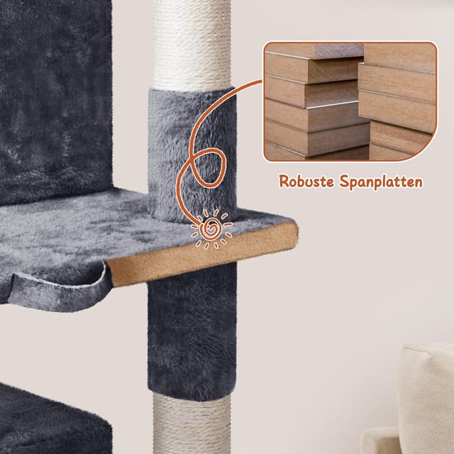 Detalle de Yaheetech Kratzbaum 193 cm XXL deckenhoch mit 8 Sisalstämmen, 2 Katzenhöhlen & 3 Aussichtplattformen (dunkelgrau)