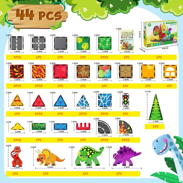 Thumbnail 6 de Dinosaur Toys Magnetic Tiles Set (44 PCS) for Kids Ages 3–5 and Up — Lava Dinosaur World Magnetic Building Playset