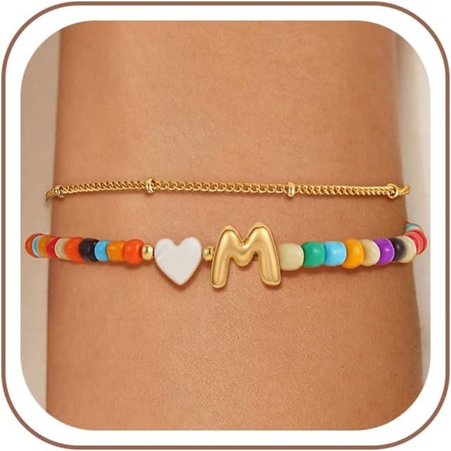 Detalle de SLOONG Armband Damen Gold/Silber vergoldet mit Perlen & Buchstaben, verstellbar