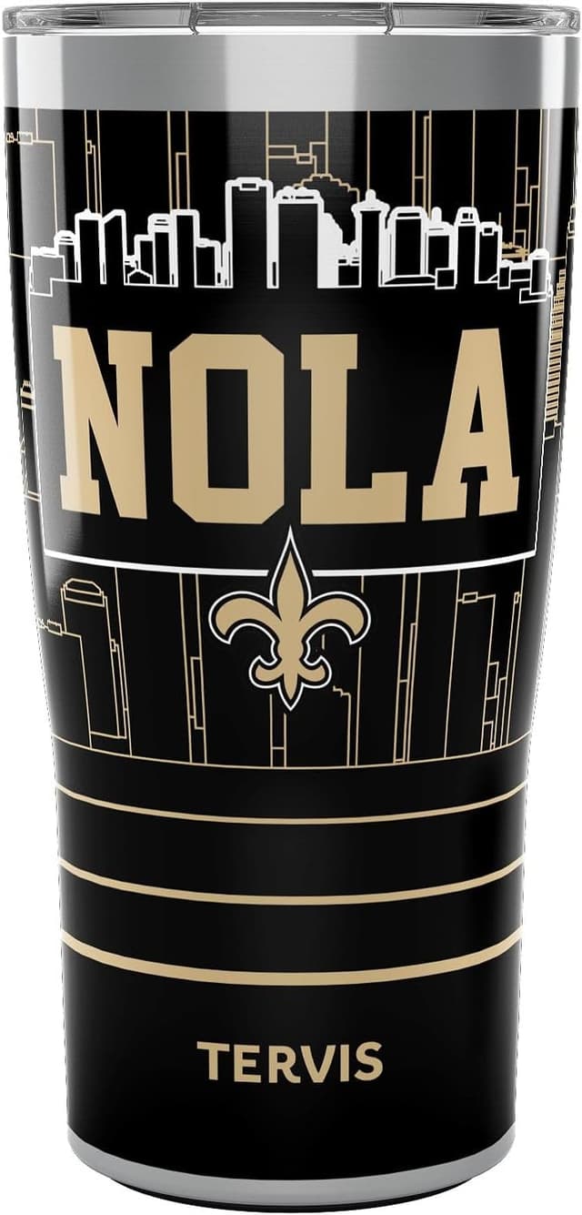 Detalle de Tervis Traveler NFL New Orleans Saints “Nola Slogan” Triple-Walled Insulated Tumbler (20oz) — Stainless Steel Travel Cup
