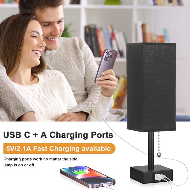 Detalle de Aooshine bedside & table lamp with USB C + USB charging ports, 3 colour modes and pull chain (black fabric shade)