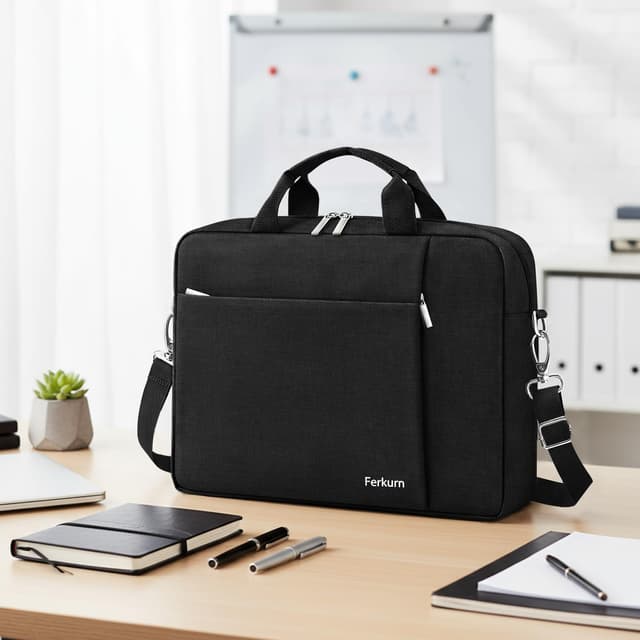 Detalle de Ferkurn 17–17.3 inch laptop messenger bag case (water-repellent polyester, detachable shoulder strap) – Black