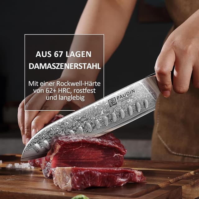 Detalle de PAUDIN Santokumesser Damastmesser 17 cm – 67-lagiger Damaststahl mit VG10-Kern und G10-Griff