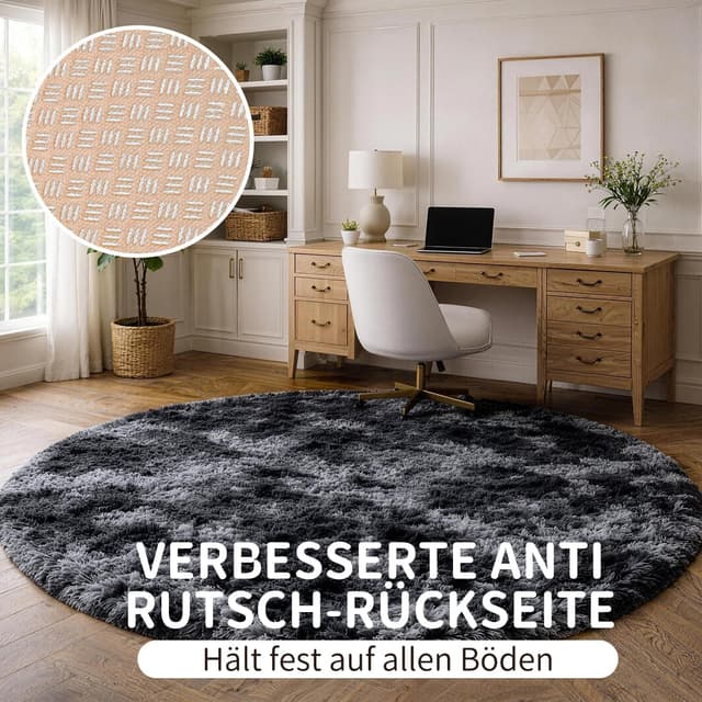Detalle 2 de VOFUSHON Hochflor-Teppich rund 150 cm dunkelgrau, waschbar & rutschhemmend