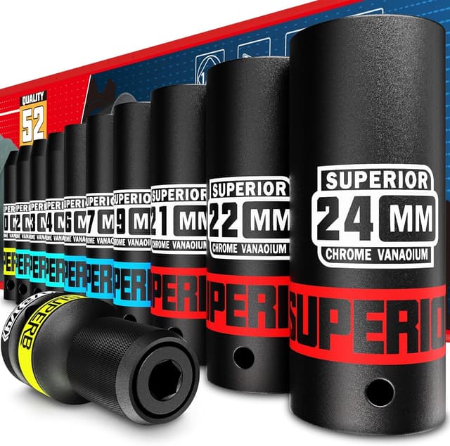 Detalle de KIRXST 1/2 Inch Drive Impact Socket Set (11-Piece) – Metric Deep Sockets 10–24 mm with 1/4" Adapter