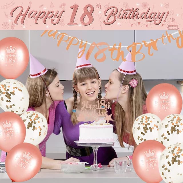 Detalle 2 de DEARLIVES 18th Birthday Decorations set in rose gold (banner, sash, cake topper, flags & confetti balloons)