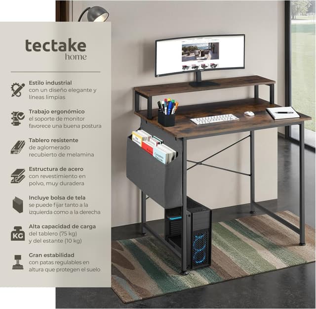 Thumbnail 2 de tectake Mesa Escritorio Industrial 80x55x90 cm