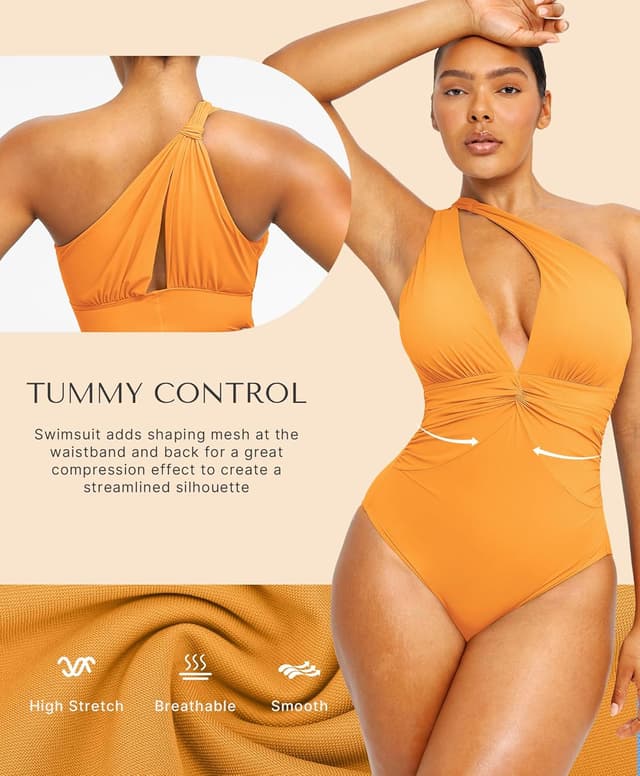 Detalle de SHAPELLX Women’s One-Piece Swimsuit with Tummy Control, Ruched V-Neck & Removable Cups